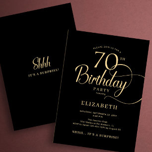 Elegant Black Gold Script Surprise 70th Birthday Invitation