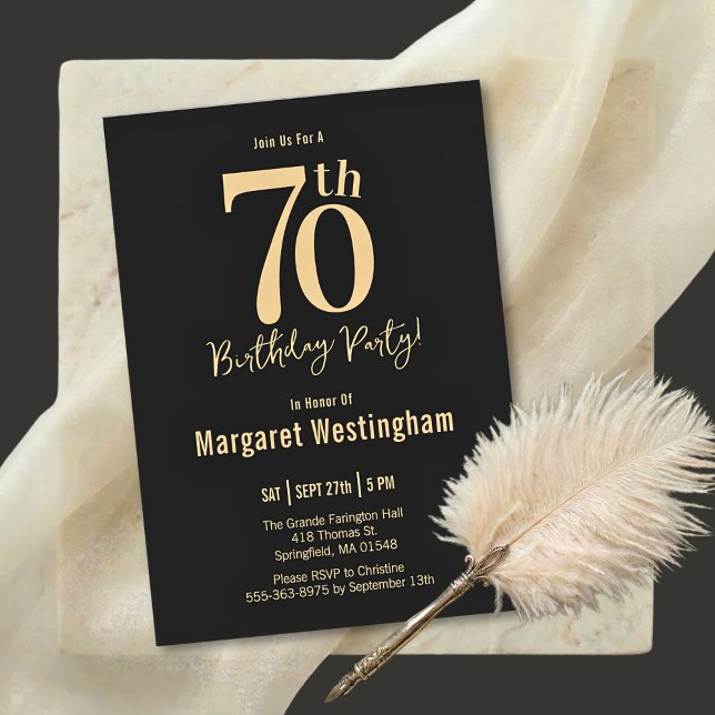 Elegant Black Gold Script Typography 70th Birthday Invitation (Creator Uploaded)