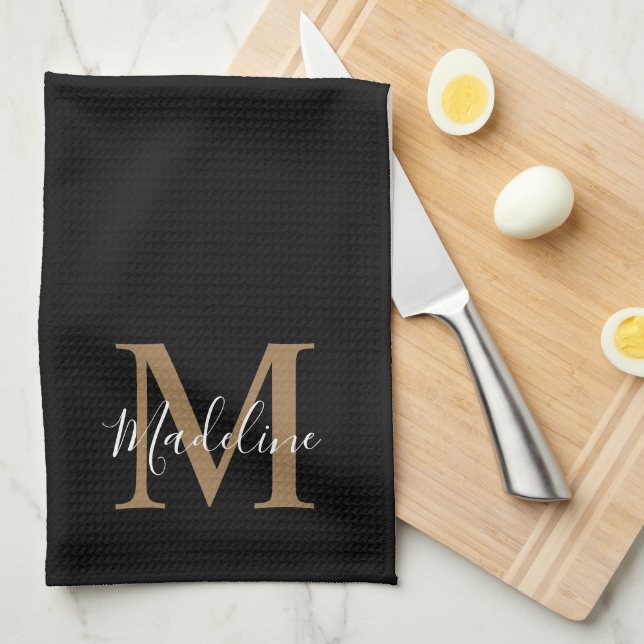 Elegant Black Gold Script Typography Monogram Tea Towel (Quarter Fold)