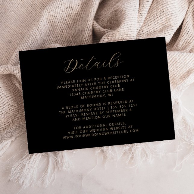 Elegant Black Gold Script Wedding Details Enclosure Card (Creator Uploaded)