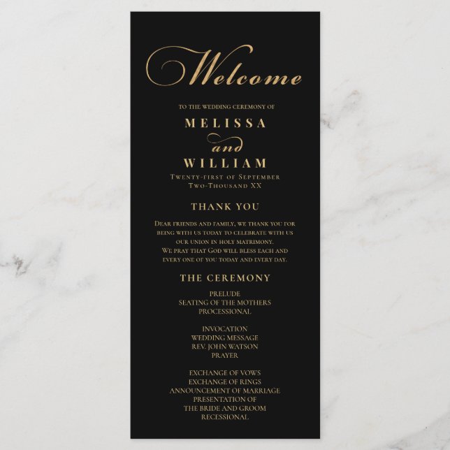 Elegant Black Gold Script Wedding Program (Front)
