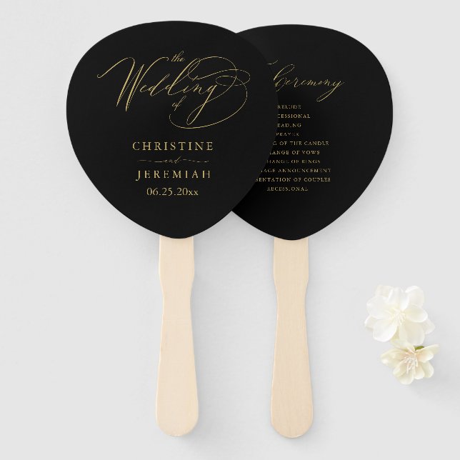 Elegant Black Gold Script Wedding Program Hand Fan (Front and Back)