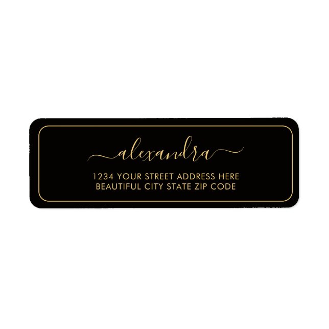 Elegant Black Gold Script Wedding Return Address Label (Front)