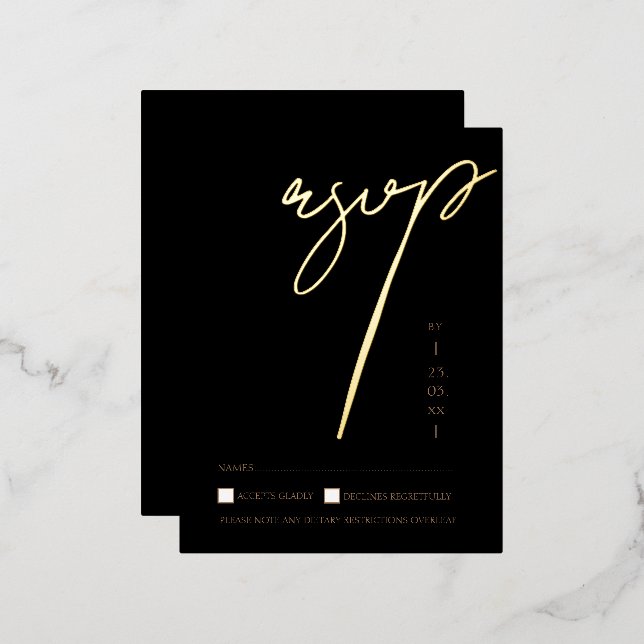 Elegant Black Gold Script Wedding RSVP Foil Invitation Postcard (Front/Back)