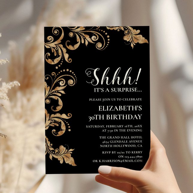 Elegant Black & Gold Shhh Surprise Party Birthday Invitation (Creator Uploaded)