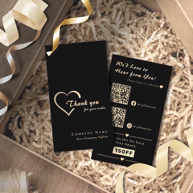 Elegant Black & Gold Shiny Heart QR Code Thank you Business Card (Elegant Black & Gold Shiny Heart QR Code Thank you Card for Business)