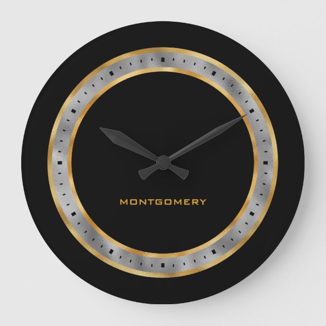 Elegant Black Gold Silver Foil Personalised Large Clock (Front)