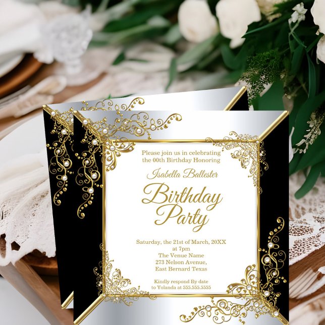 Elegant Black Gold Silver Pearl Birthday Party Invitation (Creator Uploaded)