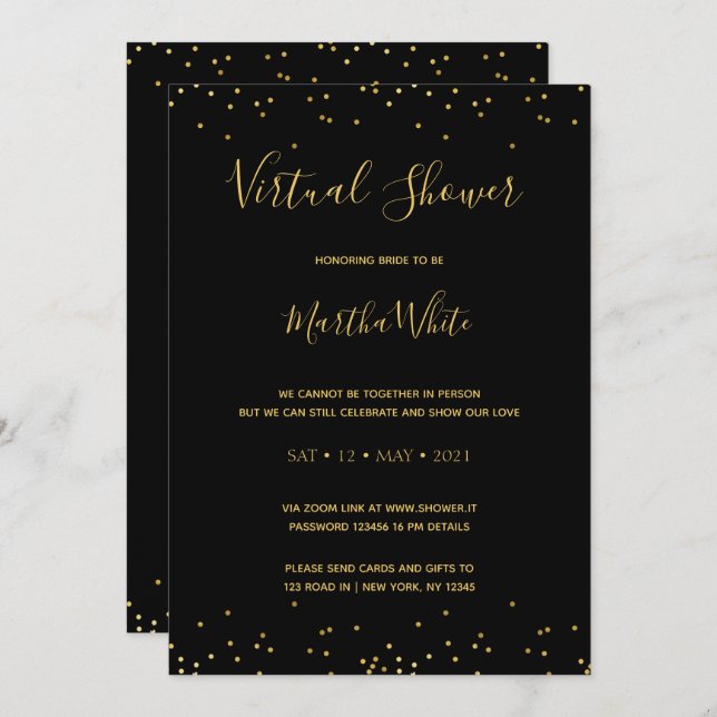 Elegant Black Gold Simple Virtual Bridal Shower Invitation (Front/Back)