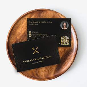 Elegant Black & Gold Skeleton Key Notary QR Photo Business Card