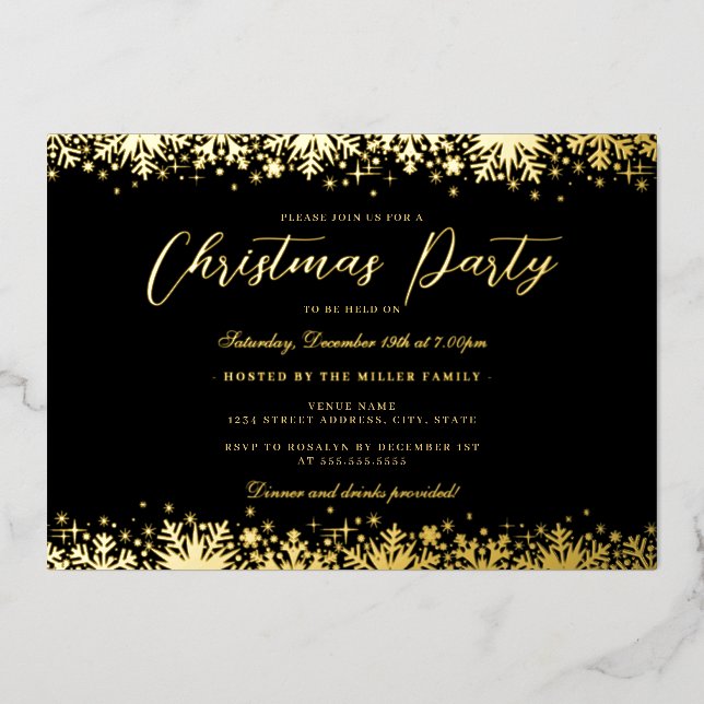 Elegant Black Gold Snowflake Christmas Party (Front)