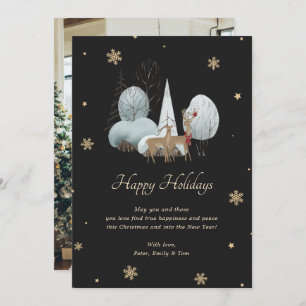 Elegant Black Gold Snowflake Reindeer Holiday Card