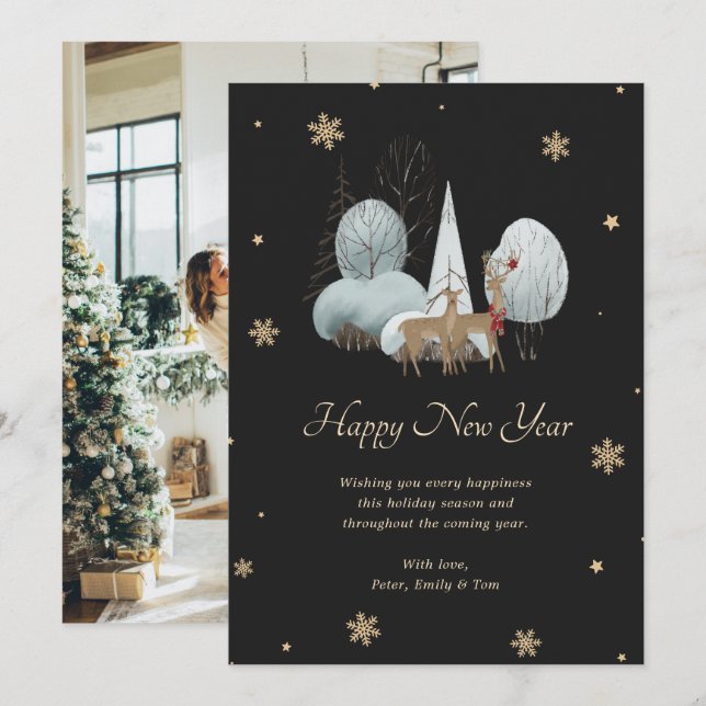 Elegant Black Gold Snowflake Reindeer New Year Holiday Card (Front/Back)