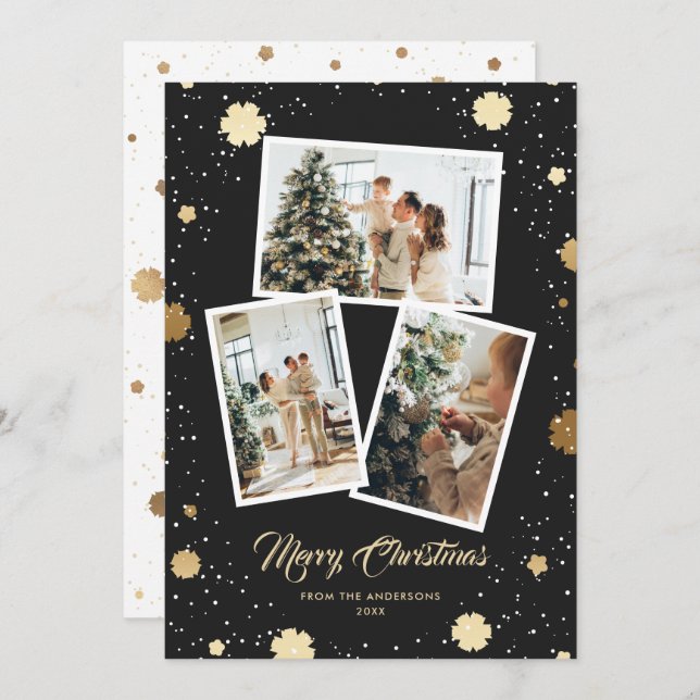 Elegant Black Gold Snowflakes 3 Photo Christmas Holiday Card (Front/Back)
