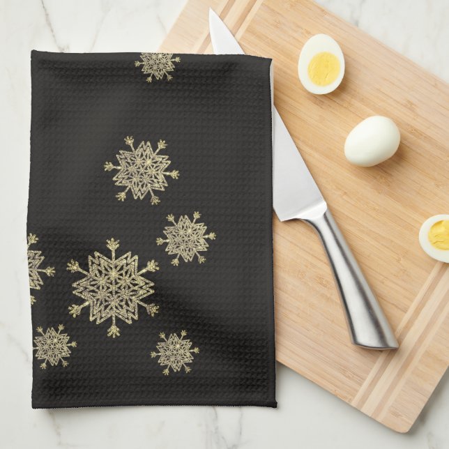 Elegant Black & Gold Snowflakes Christmas Tea Towel (Quarter Fold)