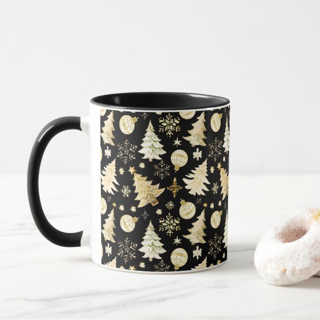 Elegant Black Gold Snowflakes Christmas Tree Balls Mug (With Donut)