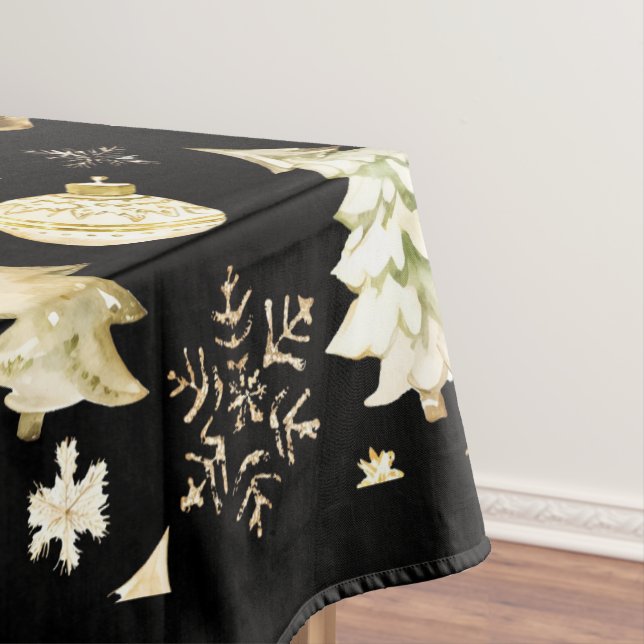 Elegant Black Gold Snowflakes Christmas Tree Balls Tablecloth (In Situ)