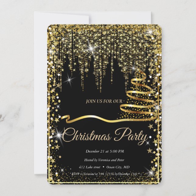 Elegant Black -Gold Sparkle Christmas Tree Invitation (Front)