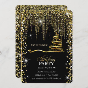 Elegant Black -Gold Sparkle Christmas Tree Invitation