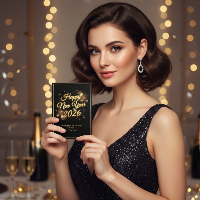 Elegant Black & Gold Sparkle Happy New Year 2026 Holiday Card (Creator Uploaded)