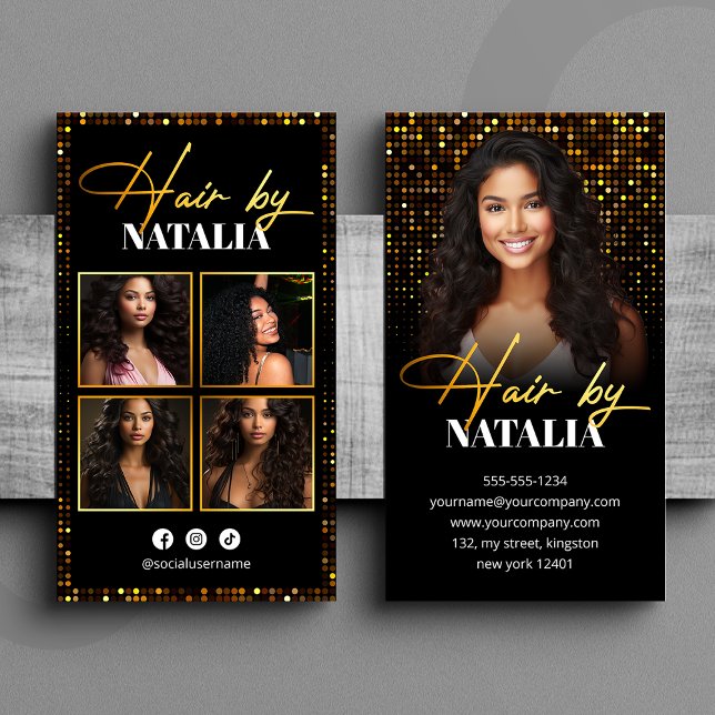 Elegant Black Gold Sparkle Photo Hair Stylist Business Card (Creator Uploaded)