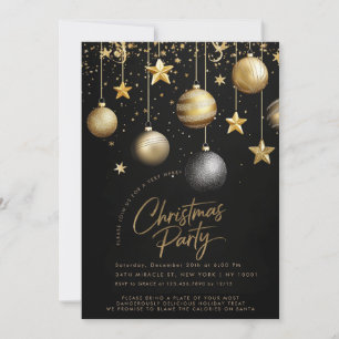 Elegant Black Gold Sparkle Stars Christmas Party Invitation