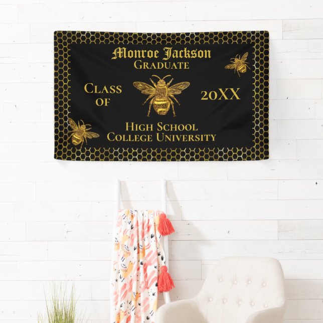 Elegant Black Gold Sparkling Bee Graduation Banner (Insitu)