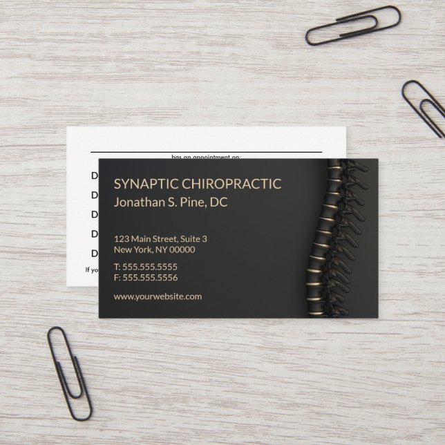 Elegant Black & Gold Spine Chiro Appointment Card (Front/Back In Situ)