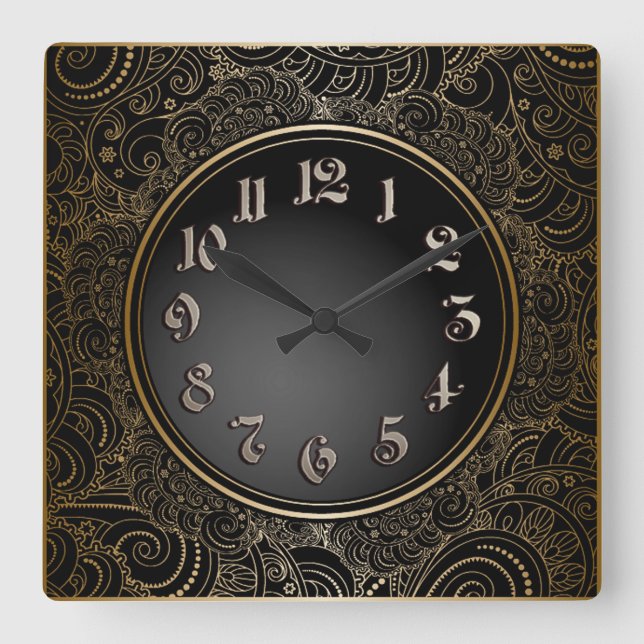 Elegant Black & Gold Square Wall Clock (Front)