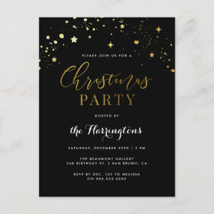 Elegant Black & Gold Star Confetti Christmas Party Invitation Postcard