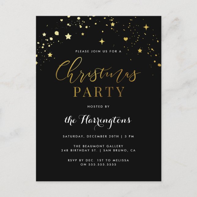 Elegant Black & Gold Star Confetti Christmas Party Invitation Postcard (Front)