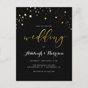 Elegant Black & Gold Star Confetti Wedding Invitation Postcard
