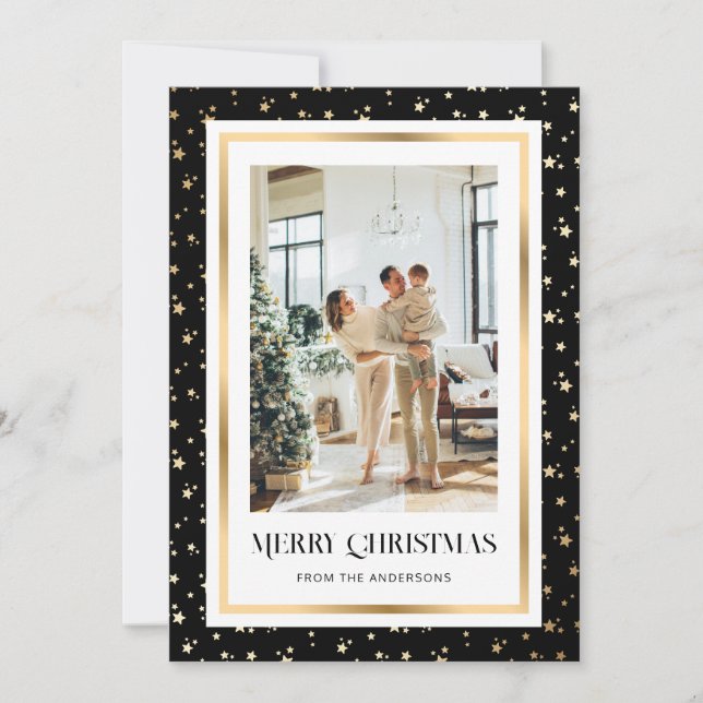 Elegant Black Gold Starry Photo Merry Christmas Holiday Card (Front)