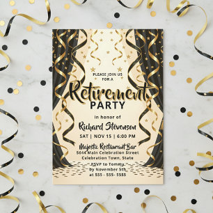 Elegant Black Gold Streamers Retirement Party Invitation