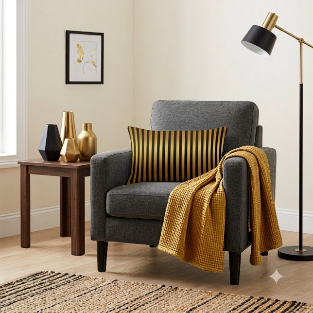Elegant Black Gold Stripe Pattern Lumbar Cushion (Creator Uploaded)