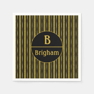 Elegant Black & Gold Stripe Split Monogram Napkin