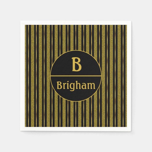Elegant Black & Gold Stripe Split Monogram Napkin (Front)