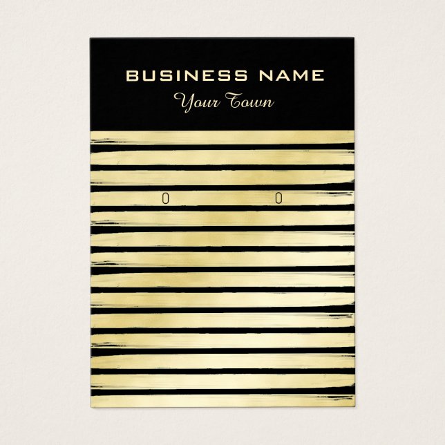 Elegant black gold striped earrings display card (Front)