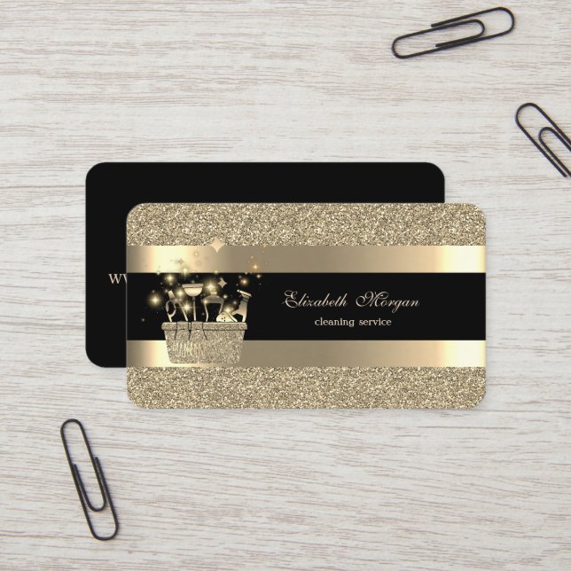 Elegant Black Gold Striped Glitter Cleanining Business Card (Front/Back In Situ)