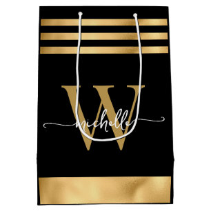 Elegant Black Gold Striped Monogram Girly Script  Medium Gift Bag