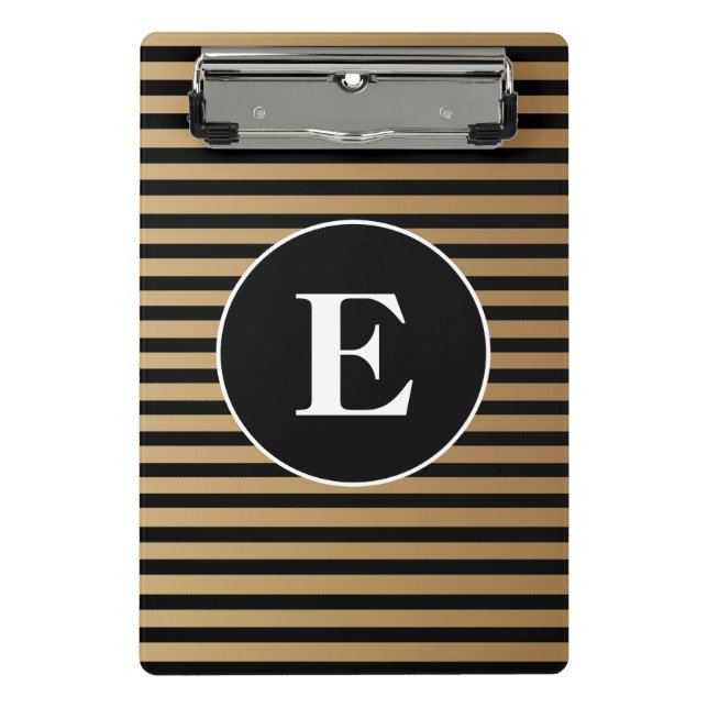 Elegant Black Gold Striped Monogram Mini Clipboard (Front)