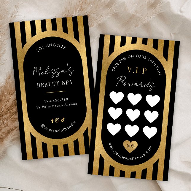 Elegant Black & Gold Stripes Hair Brows Lash Salon Loyalty Card (Creator Uploaded)