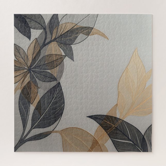 Elegant Black Gold Stylised Leaf Botanical Pattern Jigsaw Puzzle (Vertical)