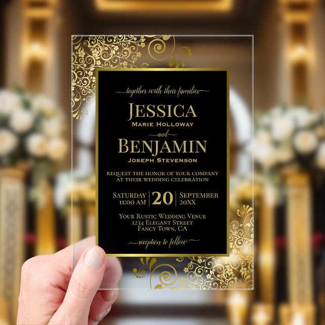Elegant Black & Gold Stylish Text Classy Wedding Acrylic Invitations (Clear Acrylic with Rectangle Cut)