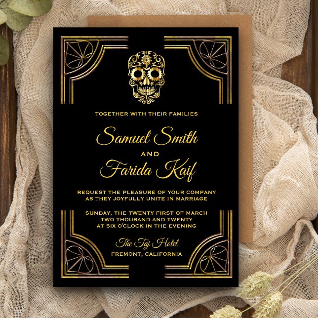 Elegant Black Gold Sugar Skull Wedding Invitation (Creator Uploaded)