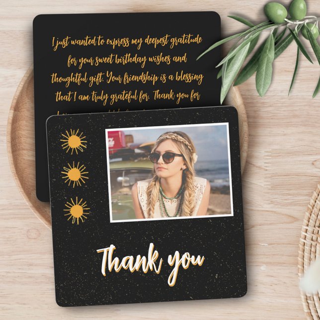 Elegant Black Gold Sun Photo Birthday Thank You Card (Creator Uploaded)