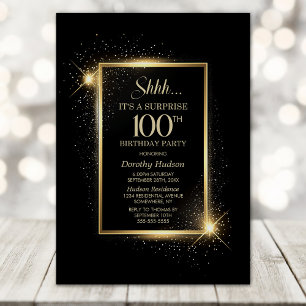 Elegant Black Gold Surprise 100th Birthday Party Invitation