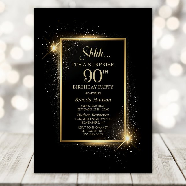 Elegant Black Gold Surprise 90th Birthday Party Invitation (Creator Uploaded)