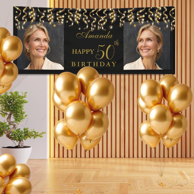 Elegant Black & Gold Surprise Birthday Party Photo Banner (Creator Uploaded)