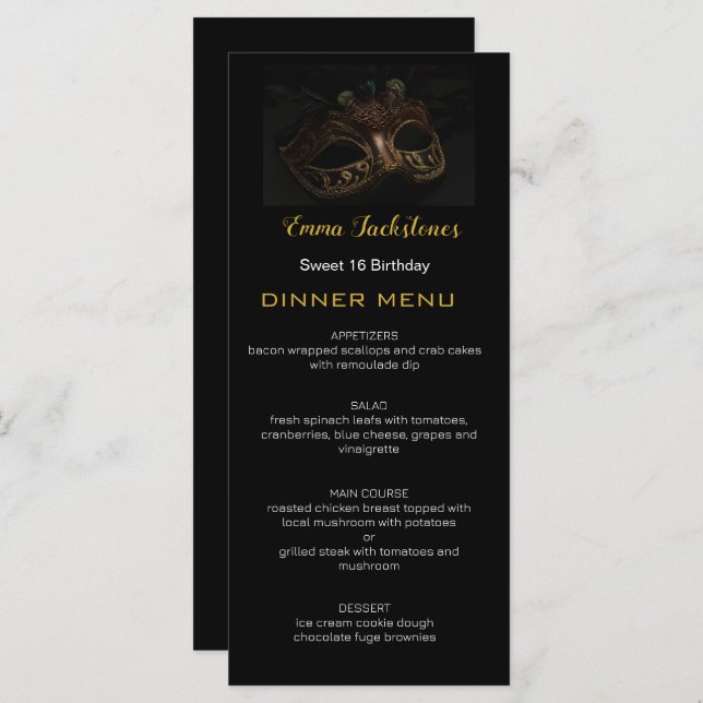 Elegant Black Gold Sweet 16 Masquerade Mask  Menu (Front/Back)